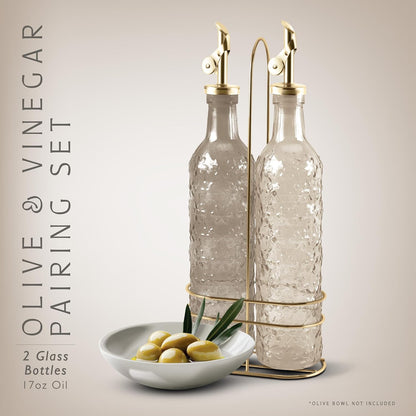 COOK WITH COLOR Glass Olive Oil Bottle Dispenser - 2 Pack- 17oz Oil and Vinegar Cruet - Olive Oil Carafe Decanter for Kitchen, Elegant Waves, Clear