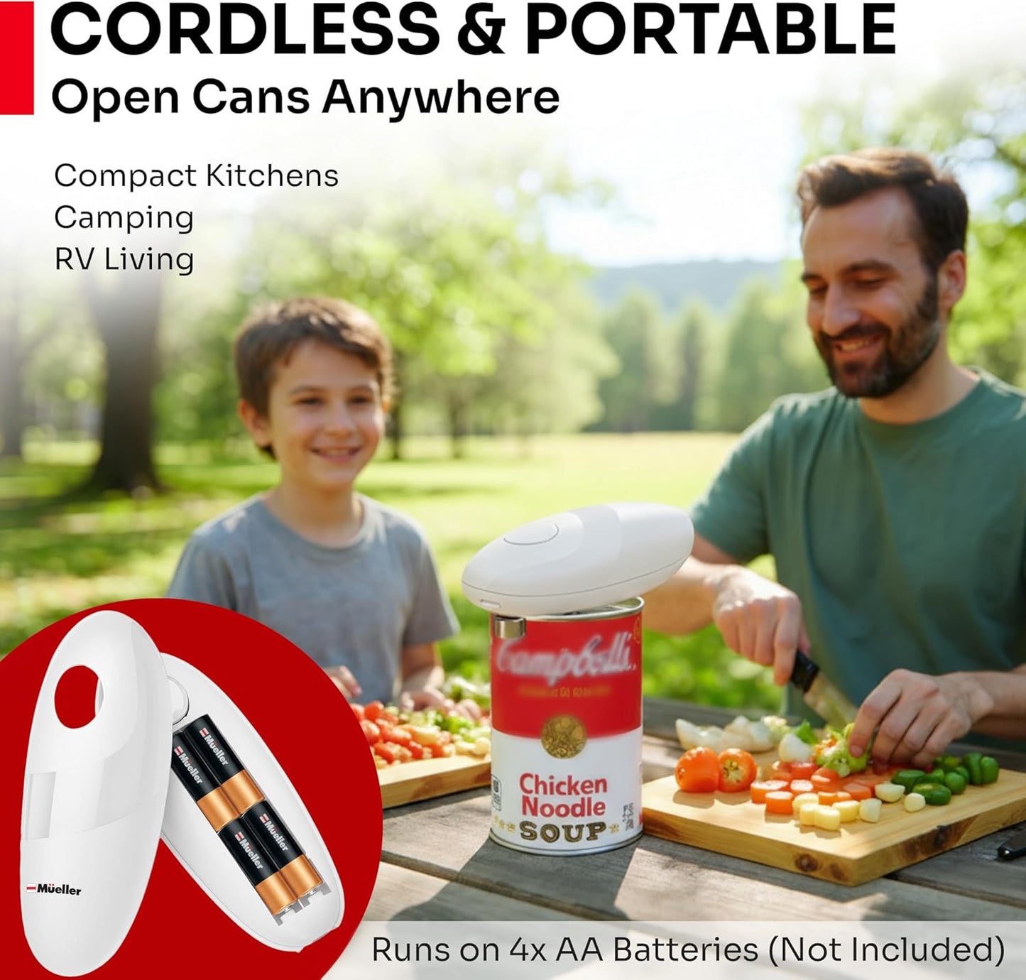 MUELLER HOME SmoothEdge Auto Electric Can Opener – Battery‑Operated One‑Touch w Magnet Lid Lifter – Portable Hands‑Free Automatic Can Openers for Seniors & Arthritis, Smooth‑Edge Cut Technology, Black