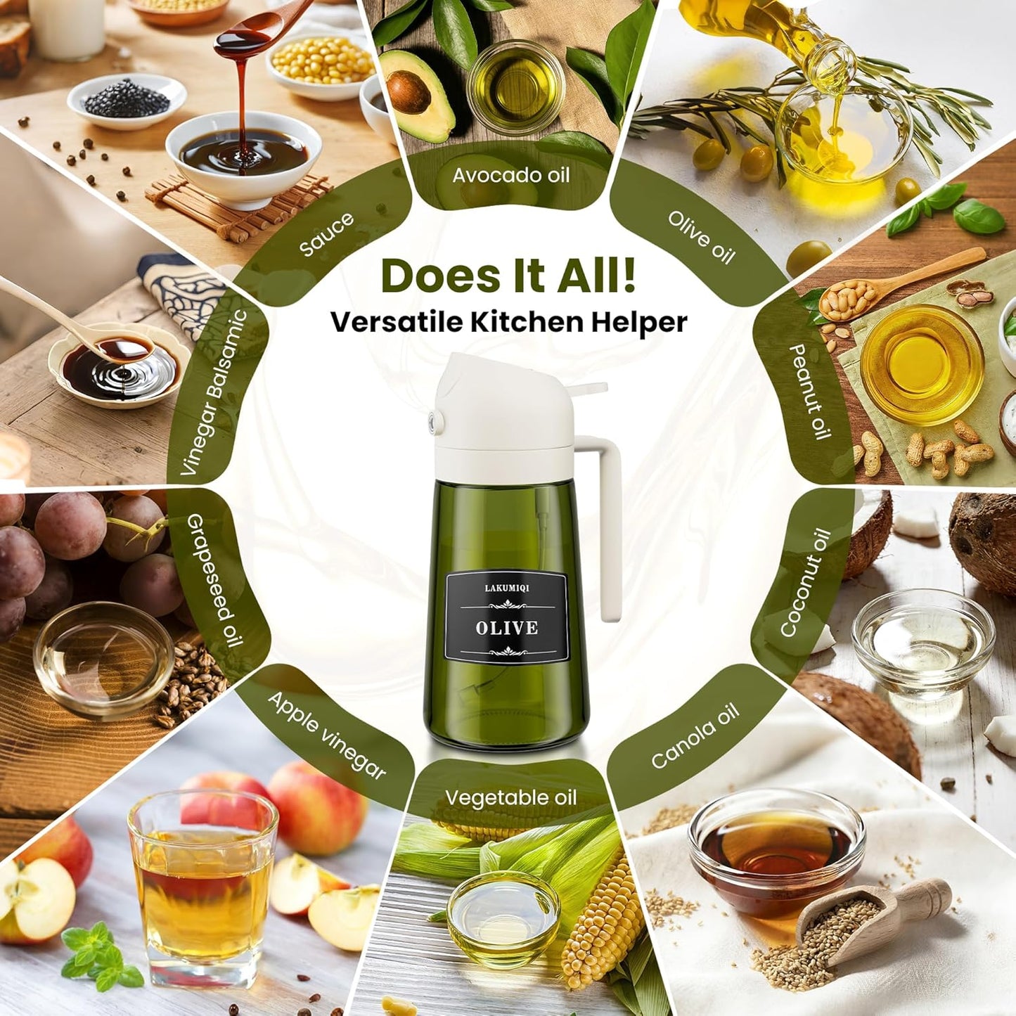 LAKUMIQI 2-in-1 Olive Oil Sprayer for Air Fryer – 16oz Glass Oil Dispenser & Cooking Oil Mister – Spray & Pour Bottle, Non-Aerosol, Leak-Resistant, for Salad, BBQ, Kitchen