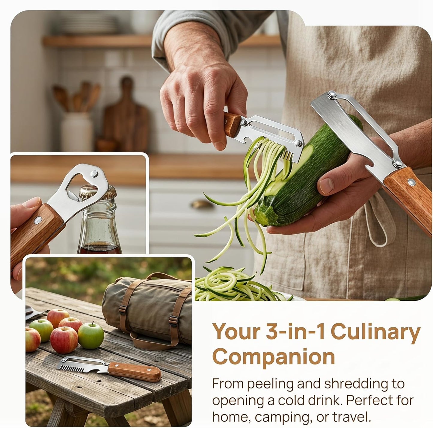 2026 Upgrade 3-in-1 Veg Peeler, Wood Handle Thick Stainless Steel Wide Blade, Scallion Shredder & Bottle Opener, Ultra-Sharp Multi Peeler for Potato Carrot Kitchen Camping Travel (1pcs+1ps)