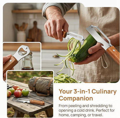 2026 Upgrade 3-in-1 Veg Peeler, Wood Handle Thick Stainless Steel Wide Blade, Scallion Shredder & Bottle Opener, Ultra-Sharp Multi Peeler for Potato Carrot Kitchen Camping Travel (1pcs+1ps)