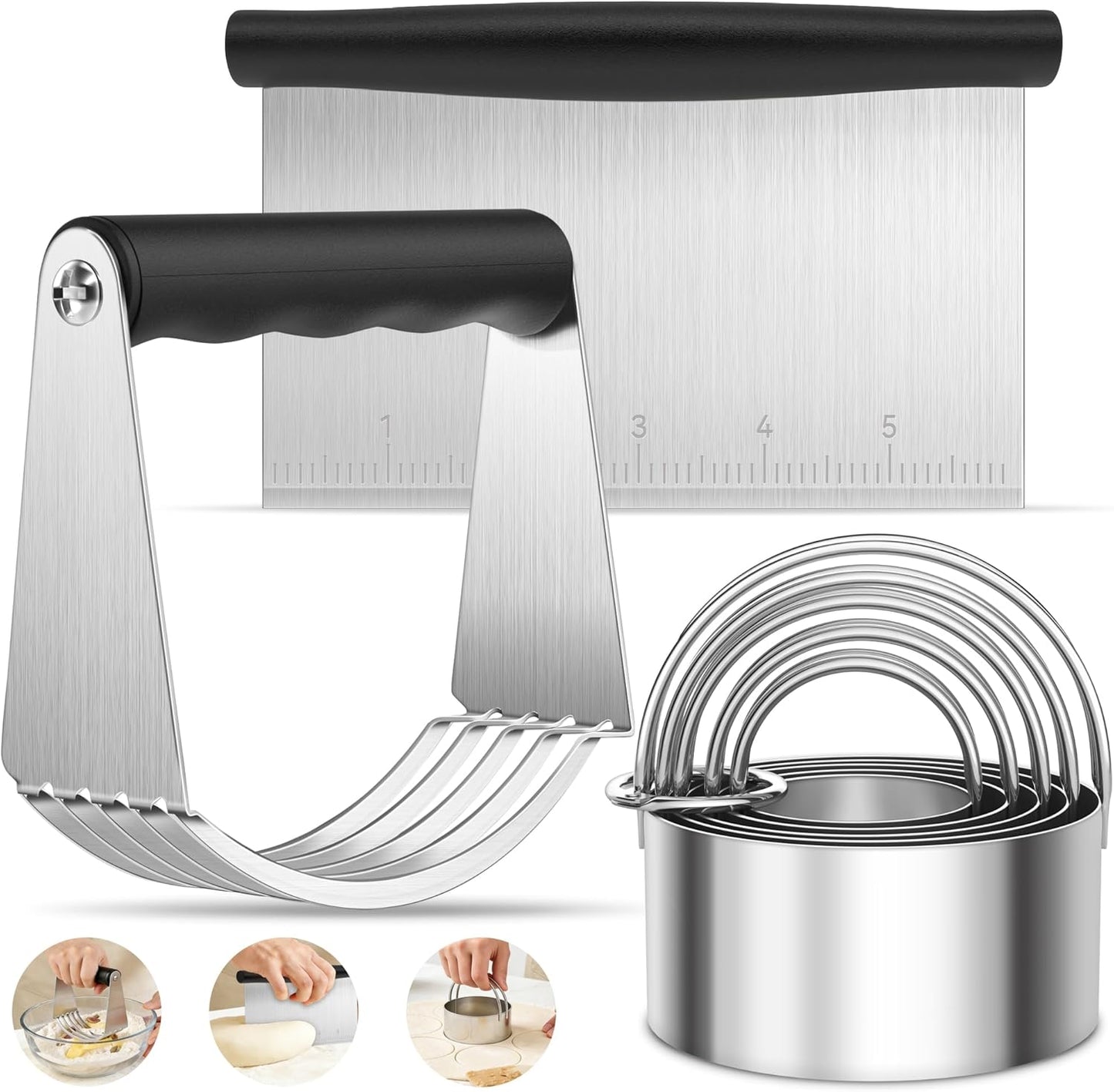 USLAI Biscuit Cutter Set, Stainless Steel Round Cookie Cutter with Bench Scraper & Pastry Blender, Professional Kitchen Baking Dough Tools (3-Piece Set)