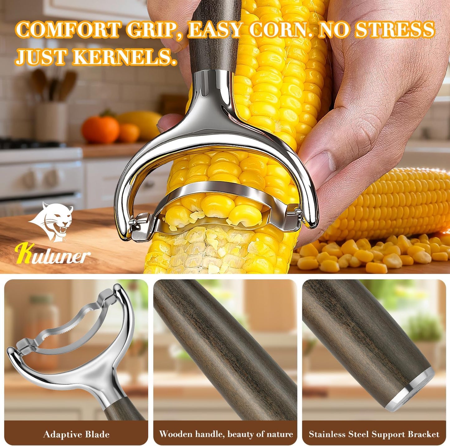 KULUNER Durable Stainless Steel Corn Peeler with Polished Wood Handle Corn on the Cob Stripper Kernel Remover Easy Use Corn Kernel Cutter Kitchen Gadget（Rosewood）