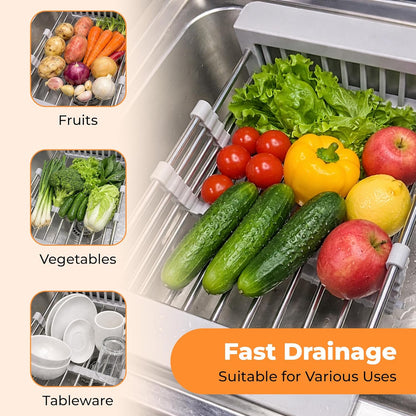 Extend Kitchen Sink Drain Basket, Adjustable Dish Drying Rack Over The Sink, Stainless Steel Kitchen Retractable Drain Sink Accessories Portable & Telescopic Space-Saving Extender for Vegetable, Fruit