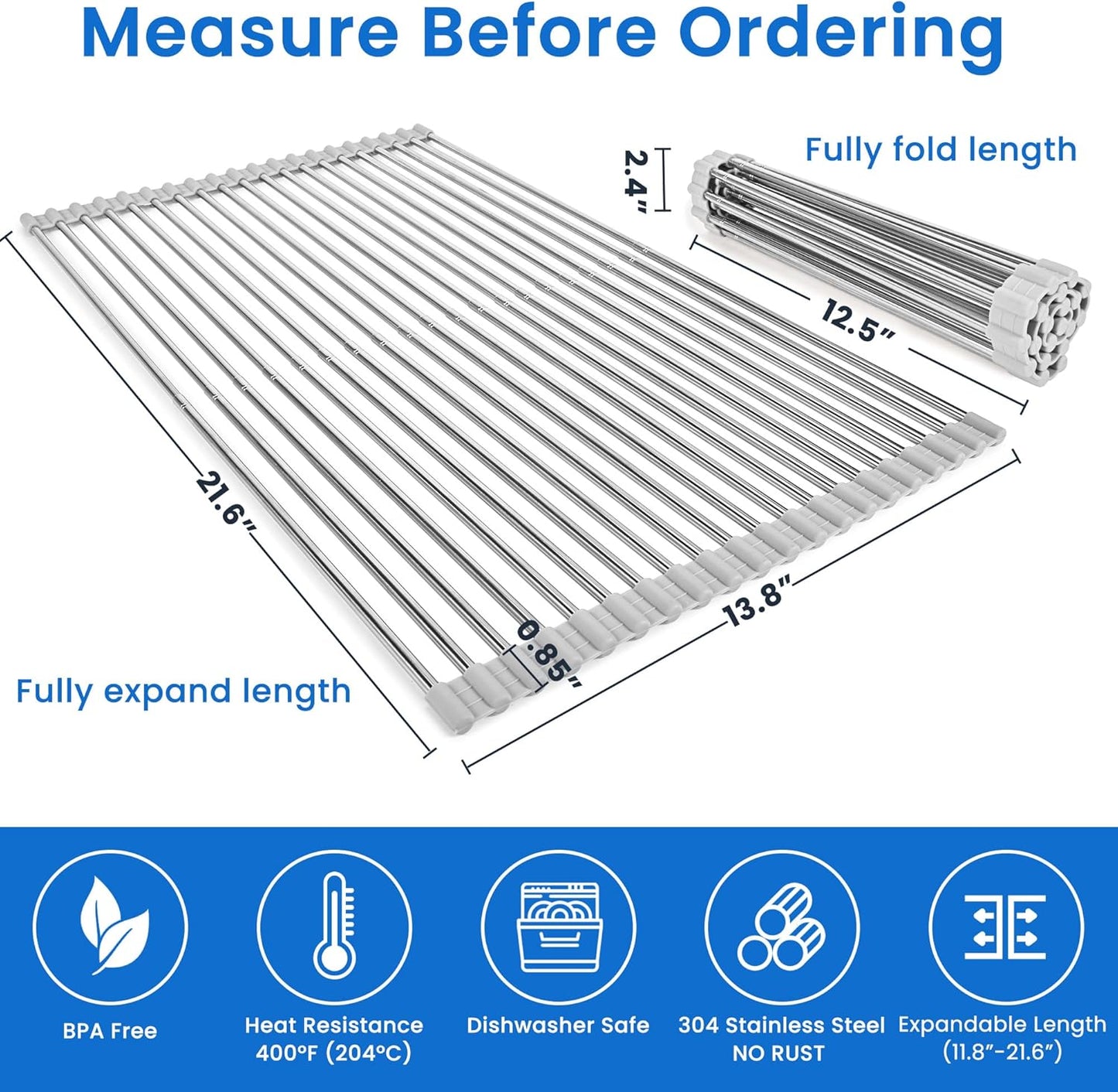 Roll Up Dish Drying Rack, Adjustable Over Sink Dish Drying Rack for Kitchen, 10"-20" Foldable Sink Rack to Dry Dishes & Drain Items, Stainless Steel Over Sink Cover Drying Mat