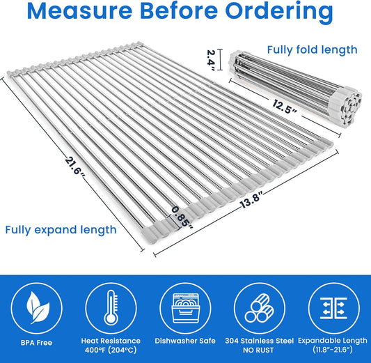 Roll Up Dish Drying Rack, Adjustable Over Sink Dish Drying Rack for Kitchen, 10"-20" Foldable Sink Rack to Dry Dishes & Drain Items, Stainless Steel Over Sink Cover Drying Mat