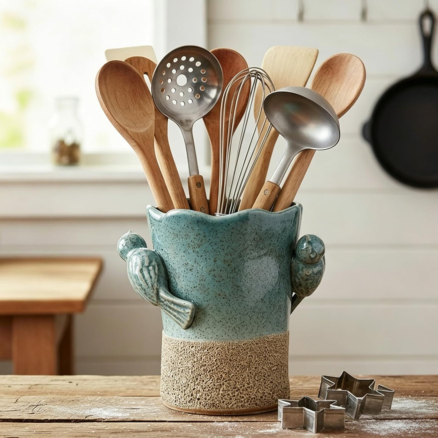 Utensil Holder for Kitchen Counter, Modern Farmhouse Rustic Cooking Utensil Holder and Crock, Exquisite Chinoiserie Floral Ceramic Utensil Organizer for Home Kitchen Decor- Green and Beige