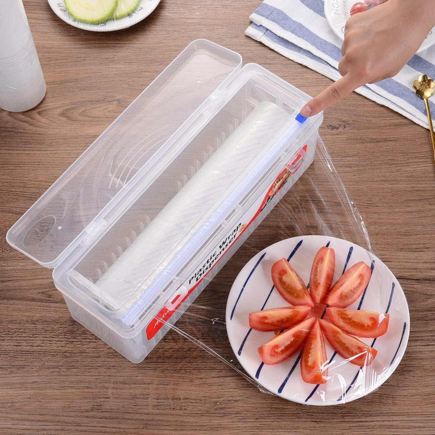 Plastic Wrap Dispenser with Cutter -Cling Wrap Dispenser with Slide Cutter for Food Film, Tin Foil, Aluminum Foil, Baking Paper (Plastic Wrap Dispenser + 12'' x 492' BPA Free Film)