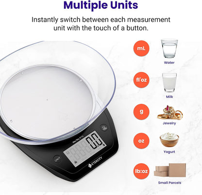 Etekcity 0.1g Food Kitchen Scale, Bowl, Digital Grams and Ounces for Weight Loss, Dieting, Baking, Cooking, and Meal Prep, 11lb/5kg, Stainless Steel Silver