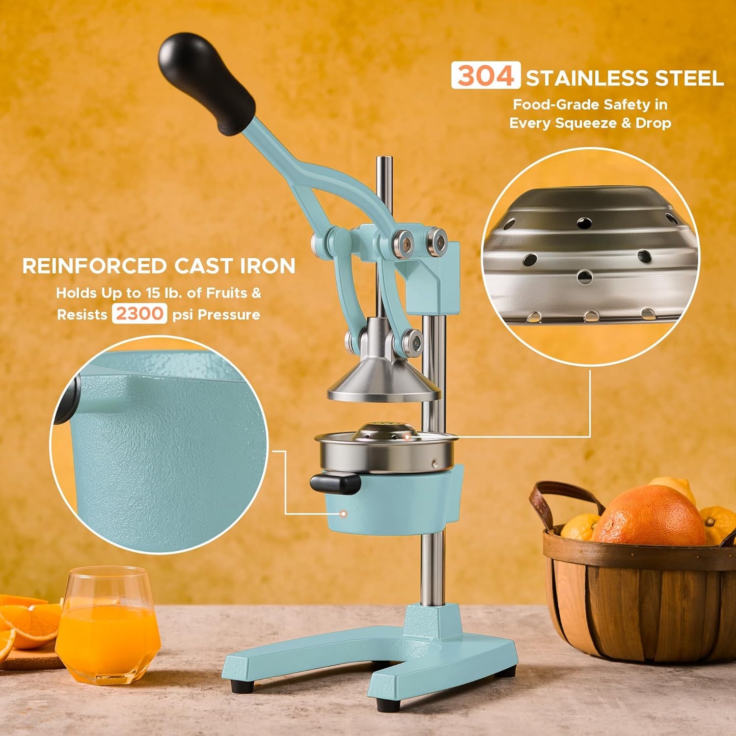 CO-Z Manual Citrus Juicer, Commercial Grade Cast Iron Orange Juicer, Professional Heavy Duty Juice Press with Removable Strainer, Manual Juice Extractor for Orange Lemon Pomegranate Citrus, Black