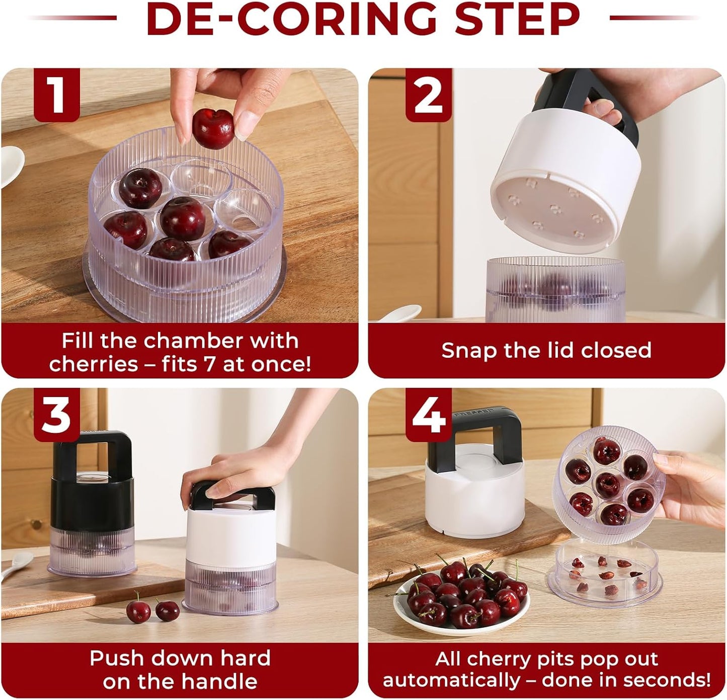 Cherry Pitter Tool - 7-in-1 Multiple Cherry Corer with 1.5" Extra Large Slots for Jumbo Cherries, Olive Pitter, Transparent Pit Container, Dishwasher Safe, Anti-Splash Design
