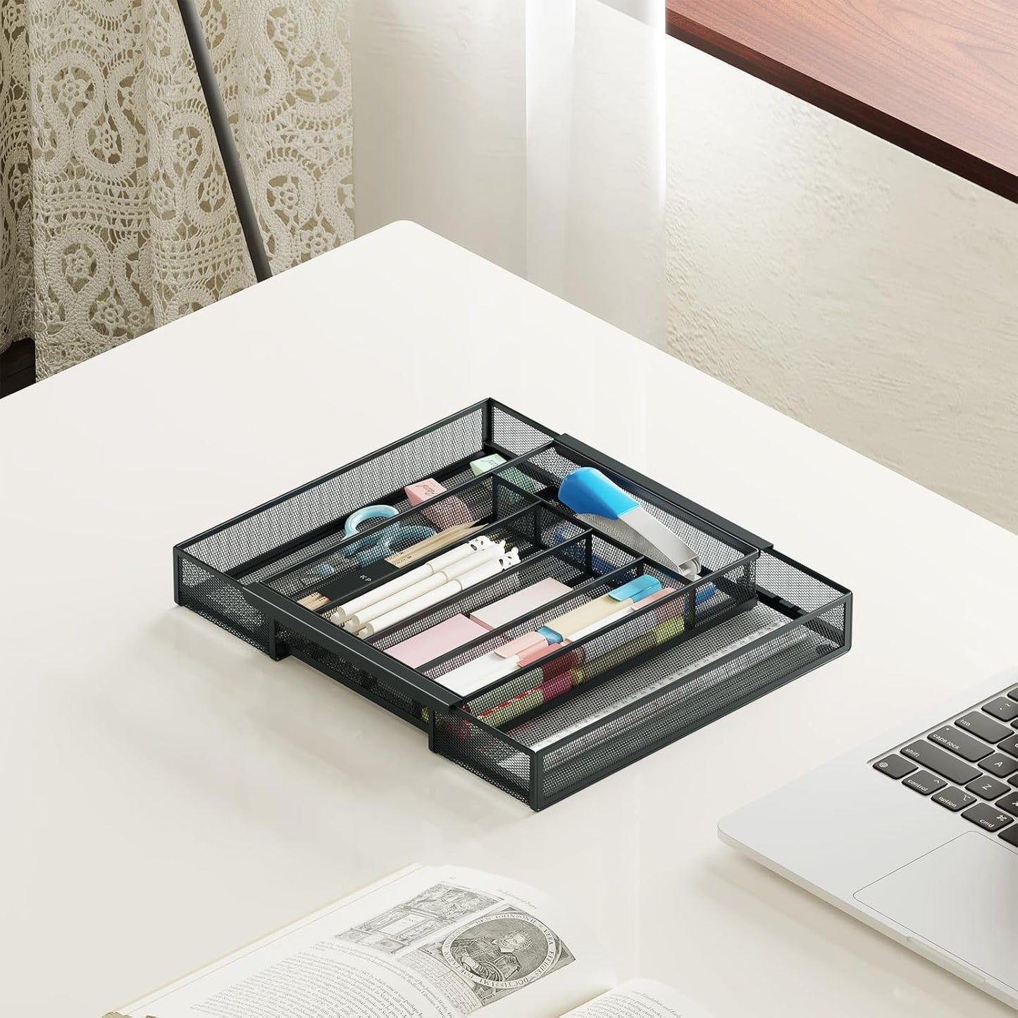 Sedegn Silverware Organizer Metal Mesh, Large Drawer Organizer, Utensil Cutlery Tray for kitchen drawers, Flatware Organizer with 6 Compartment, Black (11.3”*16“)