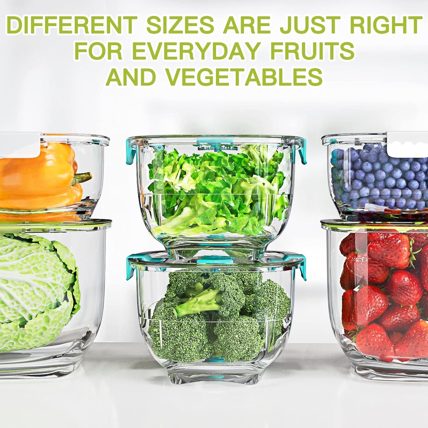 LUXEAR Fresh Produce Vegetable Fruit Storage Containers 3Piece Set, BPA-free Fridge Storage Container, Partitioned Salad Container, Fridge Organizers, Used in Storing Fruits Vegetables, Green