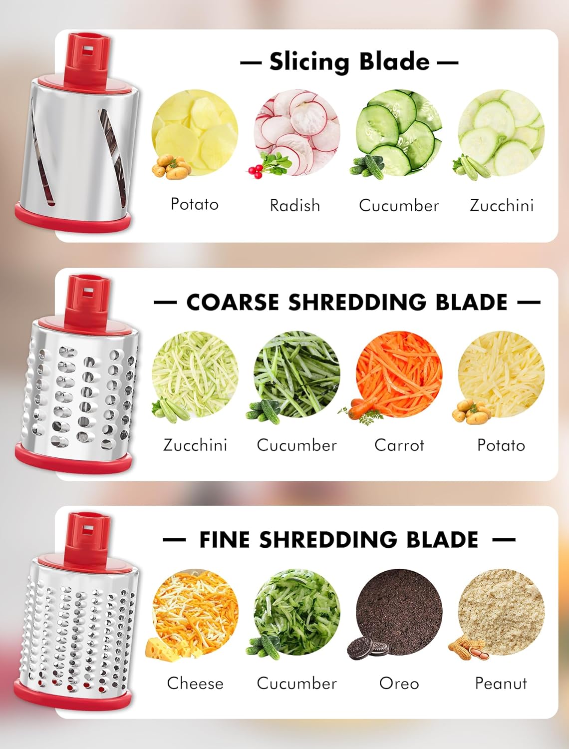 Cheese Grater Rotary, Rotary Grater for Kitchen, Kitchen Grater Vegetable Slicer with 3 Drum Blades, Fast Cutting Cheese Shredder for Vegetables and Nuts
