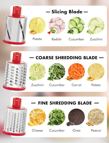 Cheese Grater Rotary, Rotary Grater for Kitchen, Kitchen Grater Vegetable Slicer with 3 Drum Blades, Fast Cutting Cheese Shredder for Vegetables and Nuts