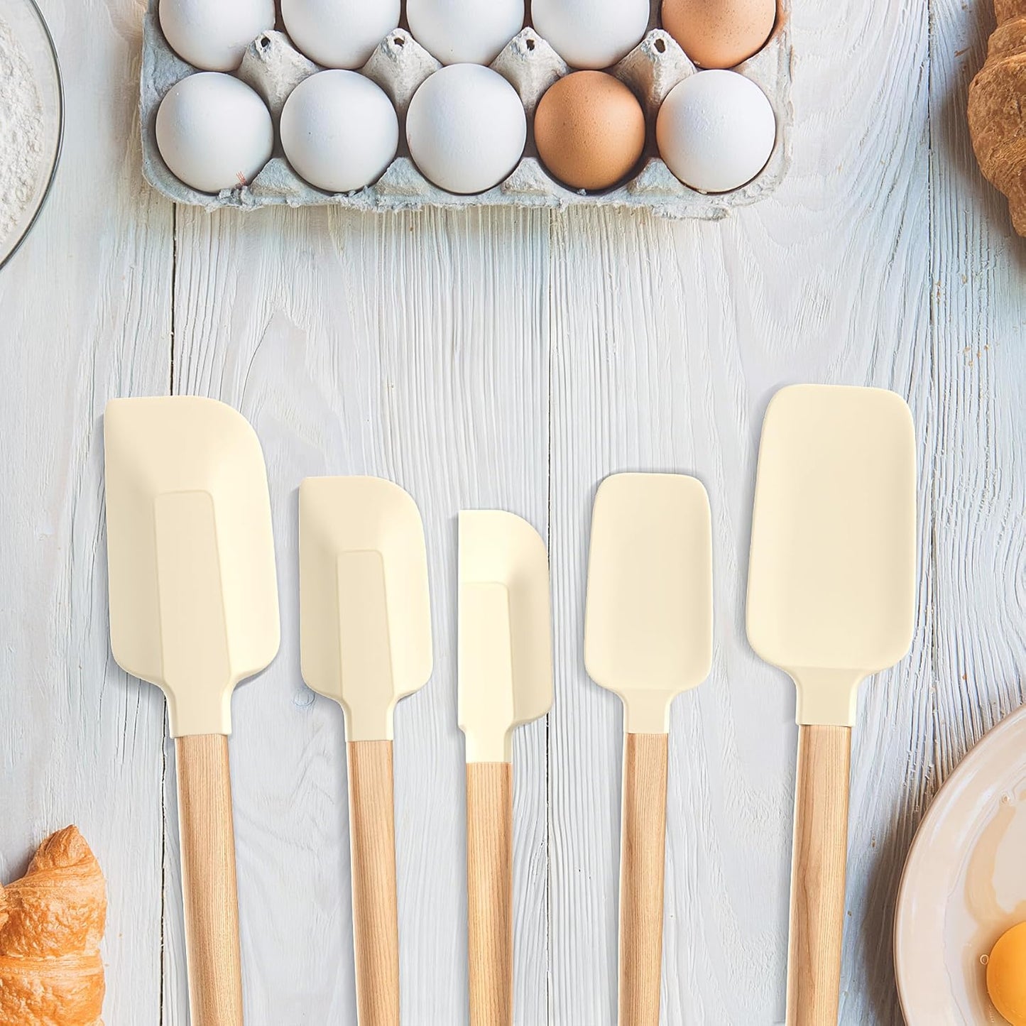 Wooden Handle Silicone Rubber Spatula Set 5 Piece for Kitchen Baking, Jars,Cooking, and Mixing High Heat Resistant Non Stick Dishwasher Safe BPA-Free (Pink)