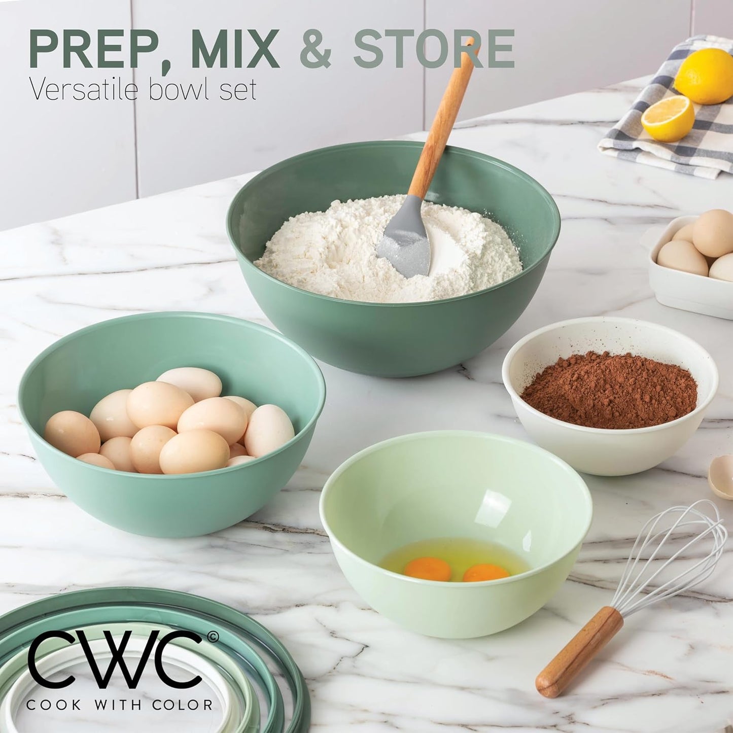 COOK WITH COLOR Mixing Bowls with Lids - 12 Piece Plastic Nesting Bowls Set includes 6 Prep Bowls and 6 Lids, Microwave Safe Mixing Bowl Set, Sage Embossed - Colors A