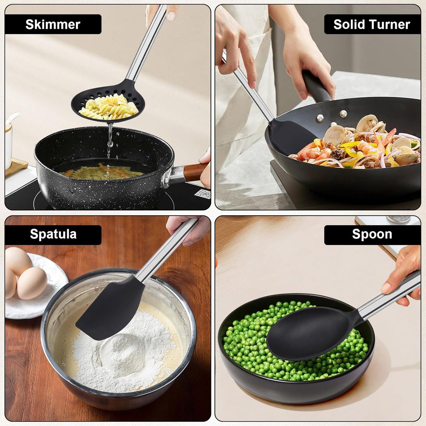 Vayvnt 4PCS Kitchen Utensils Set, Heat Resistant Silicone Utensils Set for Cooking, Non Scratch Spatula Spoons for Non Stick Pan, Large Kitchen Cooking Tools, Metal Long Handle&Dishwasher Safe, Blue