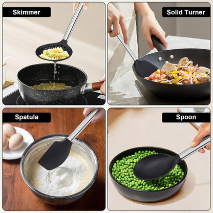 Vayvnt 4PCS Kitchen Utensils Set, Heat Resistant Silicone Utensils Set for Cooking, Non Scratch Spatula Spoons for Non Stick Pan, Large Kitchen Cooking Tools, Metal Long Handle&Dishwasher Safe, Blue