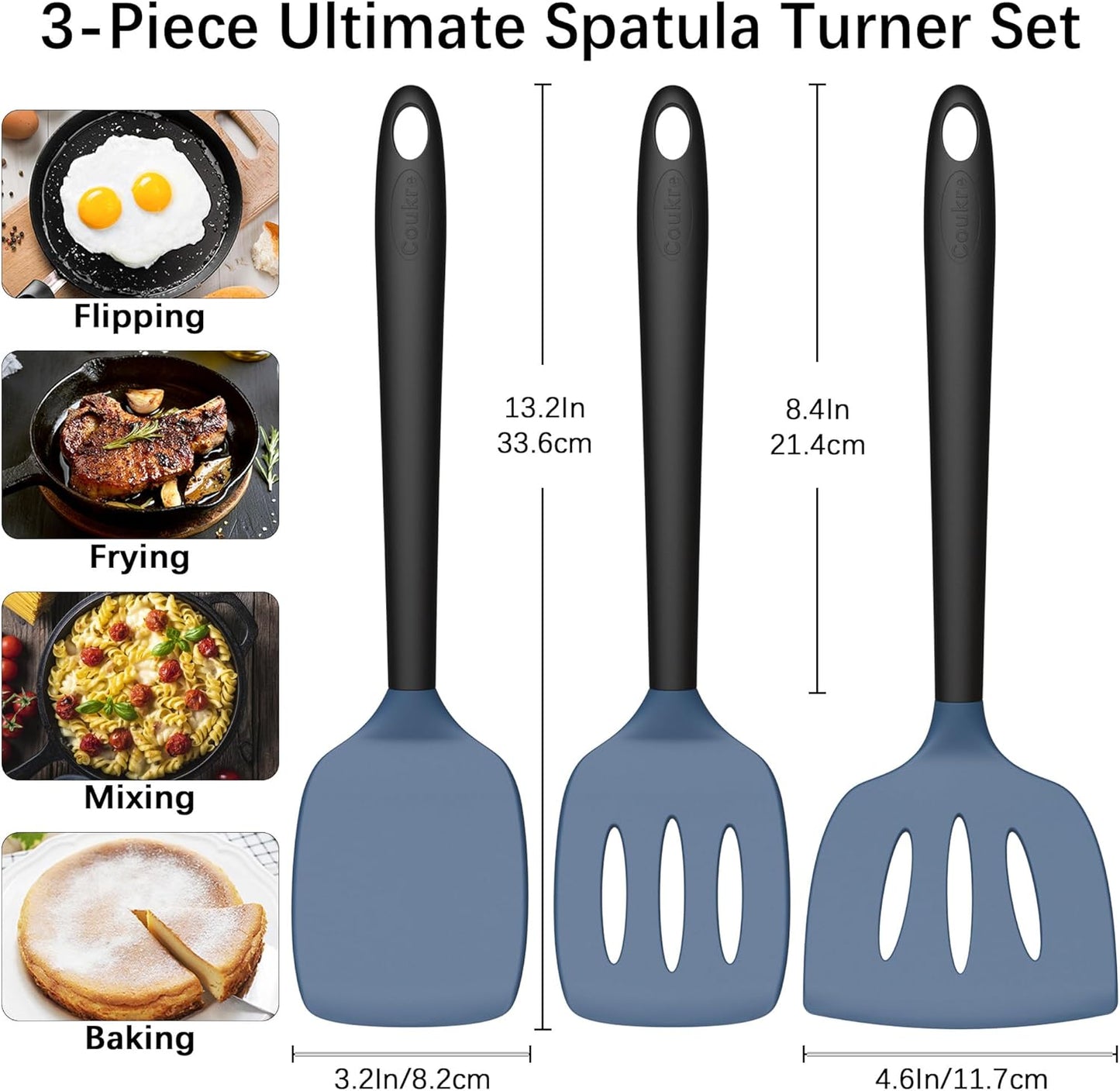 Coukre 3 Pack Silicone Spatula Set, High Heat Resistant, BPA-Free, Fish Spatula, Solid & Slotted Turner for Non-Stick Pans, Flipping Eggs, Pancakes, Fish, Burgers (3, PureBlack)