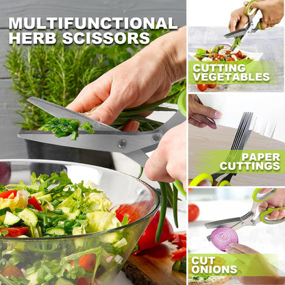 Herb Scissors, Shallot Scissors, Multipurpose 5 Blade Kitchen Herb Shears, Herb Cutter with Safety Cover and Cleaning Comb for Chopping Shallot Basil Chive Parsley