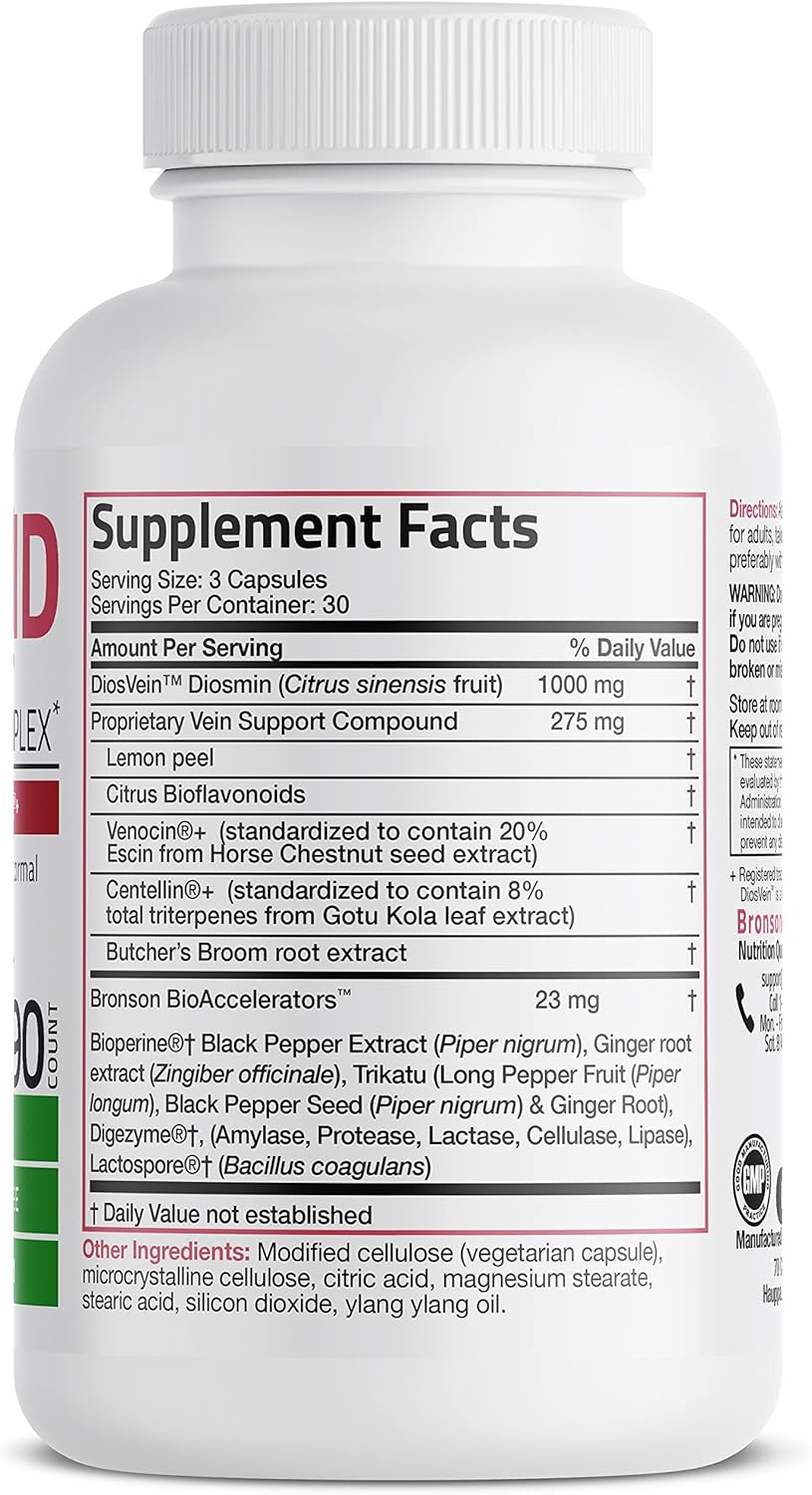 Bronson VeinAid Diosmin 1000mg DiosVein Varicose Vein Complex with Venocin & Centellin, 90 Vegetarian Capsules