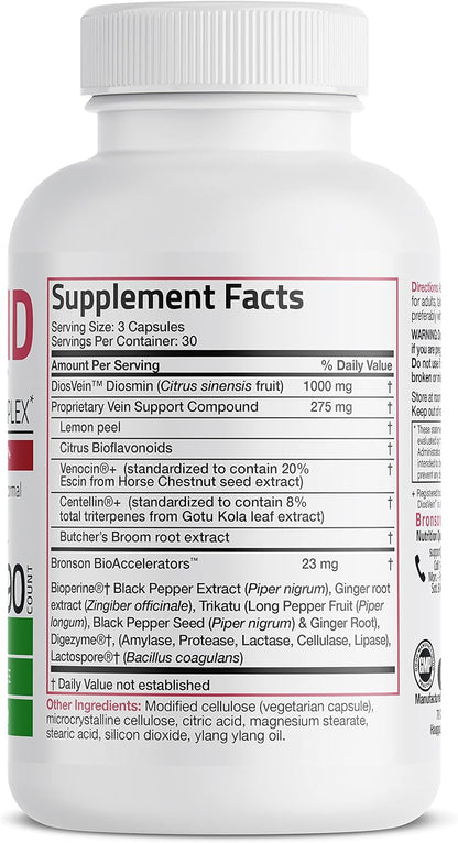 Bronson VeinAid Diosmin 1000mg DiosVein Varicose Vein Complex with Venocin & Centellin, 90 Vegetarian Capsules