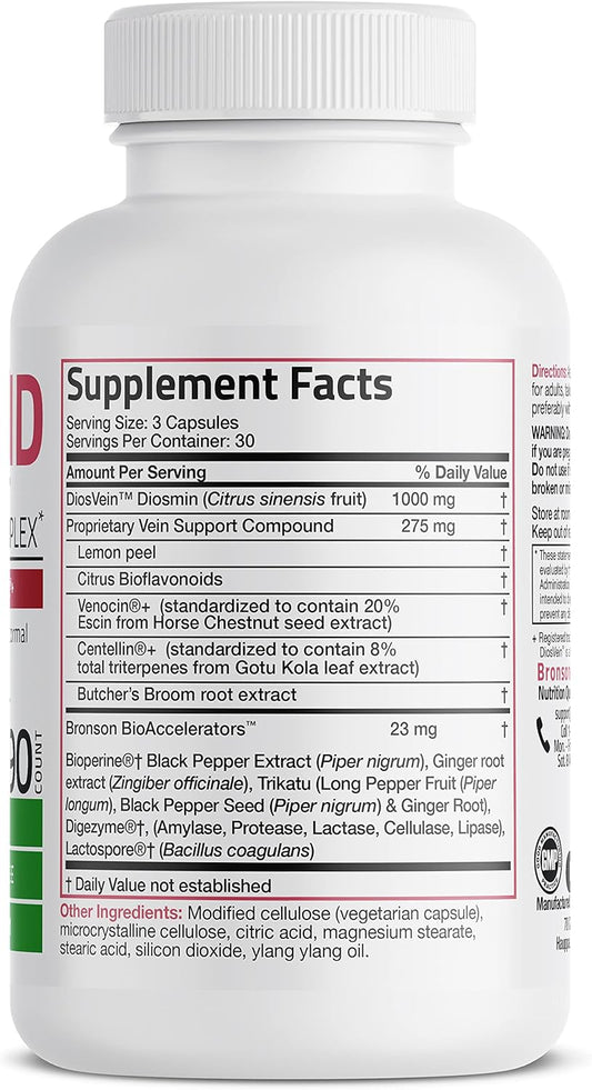 Bronson VeinAid Diosmin 1000mg DiosVein Varicose Vein Complex with Venocin & Centellin, 90 Vegetarian Capsules