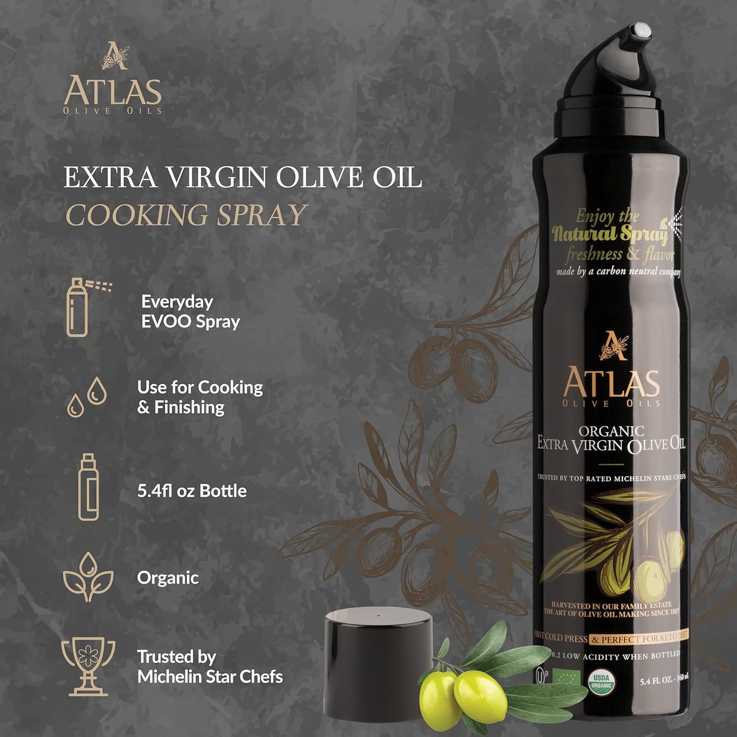 Olive Oil Spray by Atlas, Dual Function Olive Oil Cooking Spray and Stream, 5.4 fl oz, 3 Pack, Extra Virgin, Non Stick, Cold Pressed, Polyphenol Rich, Organic Moroccan EVOO, Hydroxytyrosol, Keto