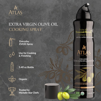 Olive Oil Spray by Atlas, Dual Function Olive Oil Cooking Spray and Stream, 5.4 fl oz, 3 Pack, Extra Virgin, Non Stick, Cold Pressed, Polyphenol Rich, Organic Moroccan EVOO, Hydroxytyrosol, Keto