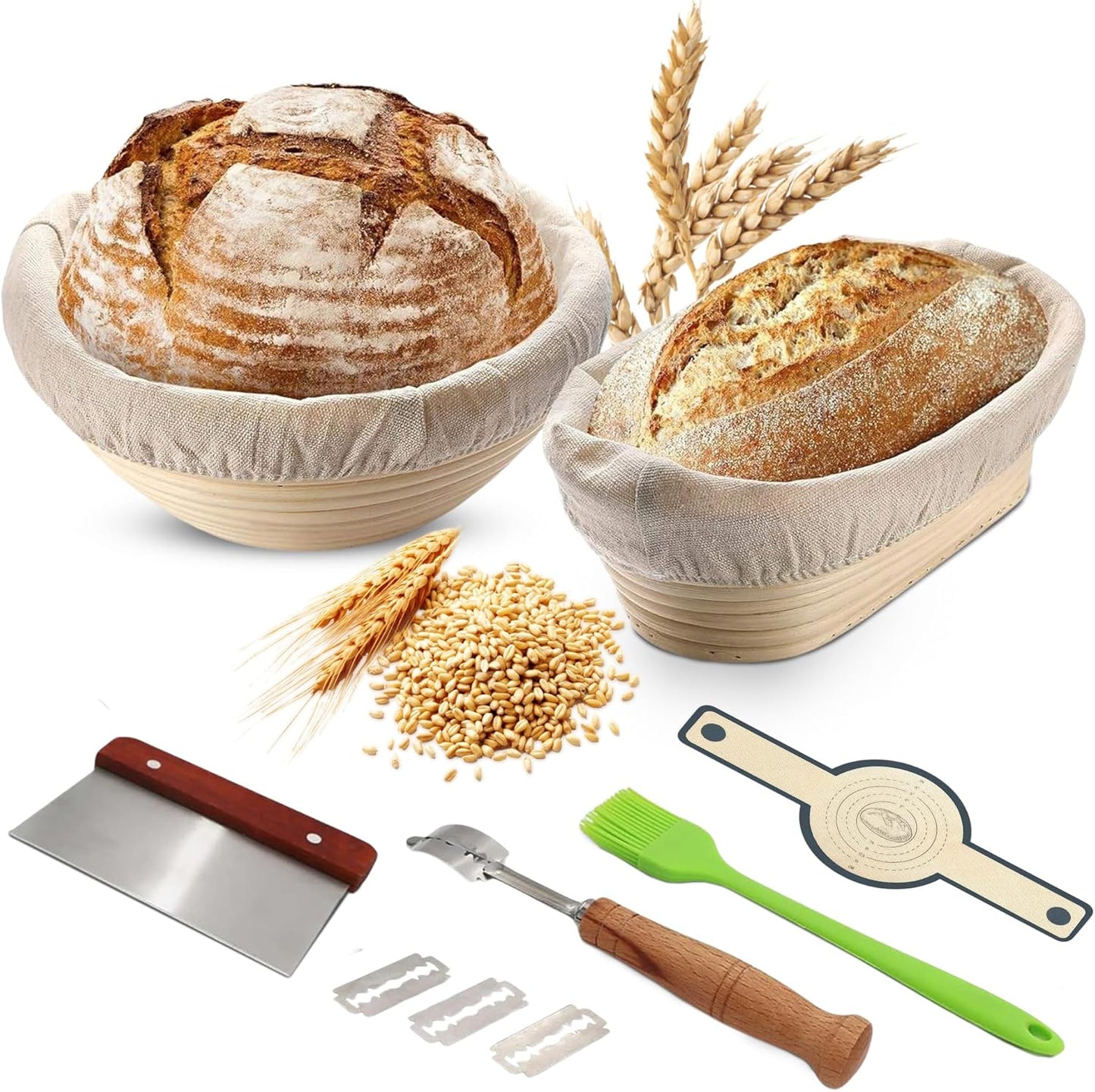 Sourdough Starter Kit 9” Round & 10” Oval Banneton Bread Proofing Baskets with Dough Whisk, Lame, Scraper & Starter Jar Beginner Friendly Bread Baking Supplies for Dutch Oven, Gluten Free Baking