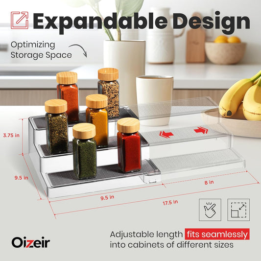 Oizeir 3–Tier Expandable Plastic Spice Rack - Adjustable Length, Stability with Non-Skid Shelf, Three Tiers for Easy Visibility, Organizer for Kitchen Cabinet, Pantry or Countertop, White/Grey