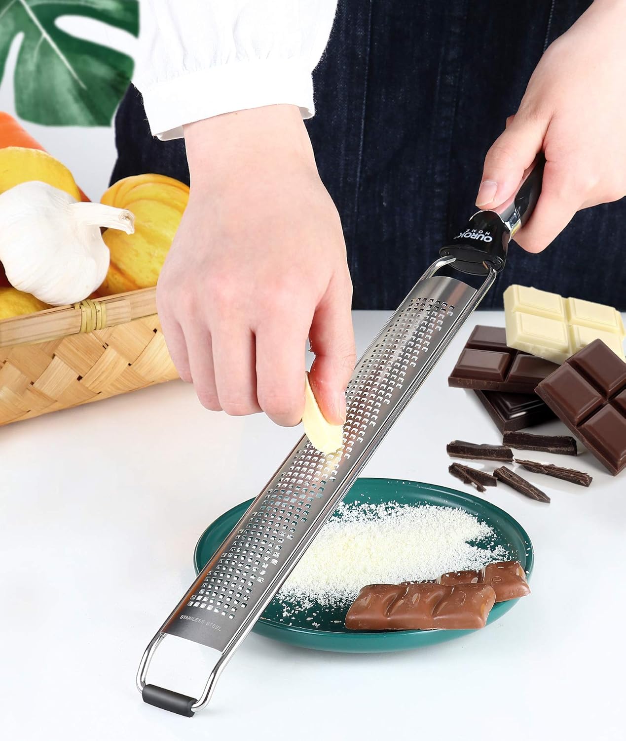 Ourokhome Kitchen Lemon Zester, Stainless Steel Hand Held Parmesan Cheese Grater for Ginger, Chocolate, Coconut, Lime, Nutmeg, Citrus, Fruit, Vegetable with Cleaning Brush, Dishwasher safe, Blue