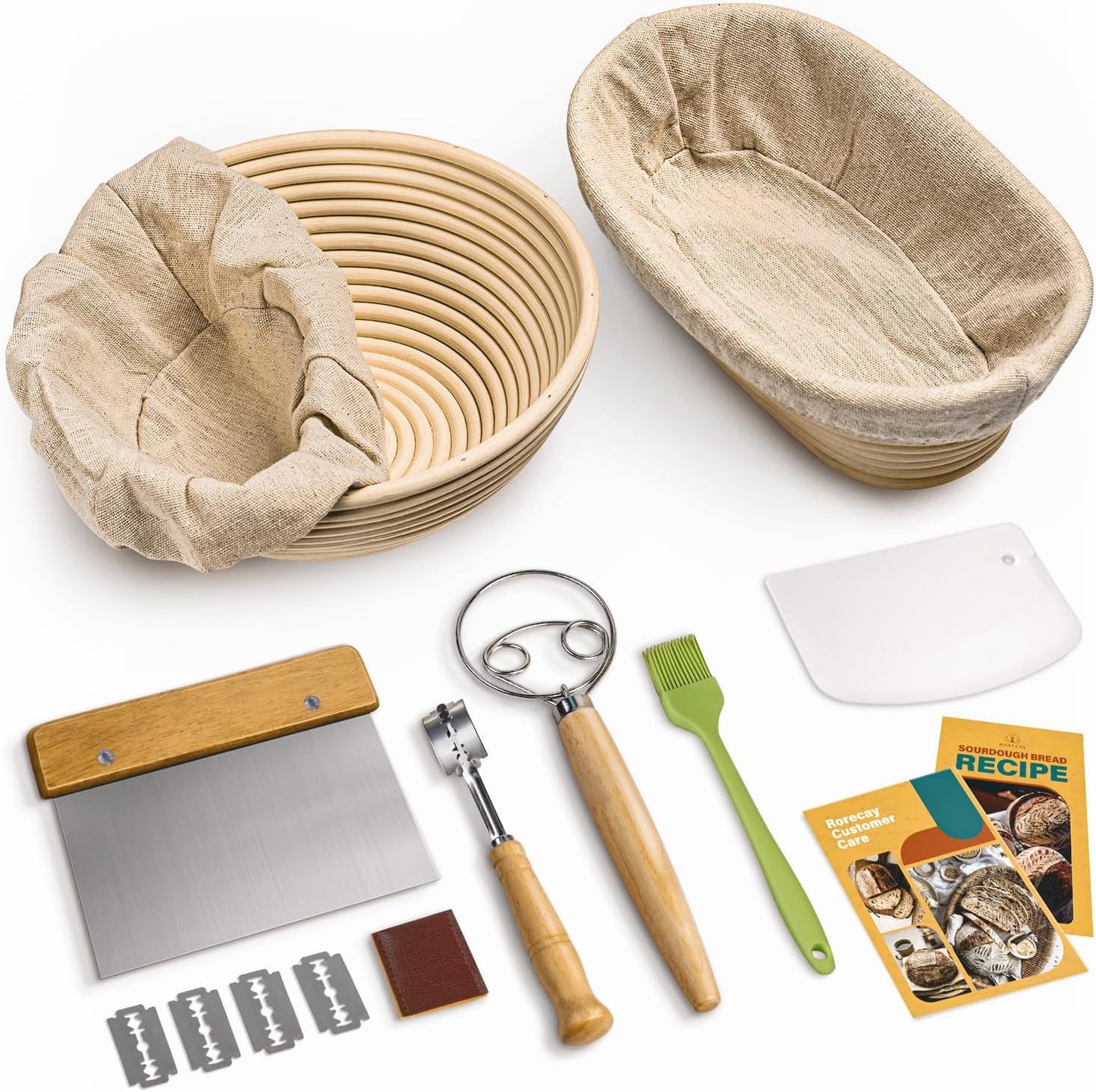 RORECAY Bread Banneton Proofing Basket Set, 9 Inch Round & 10 Inch Oval Cane Sourdough Baskets with Dough Whisk Lame Dough Scraper Bowl Scraper Silicone Brush Sourdough Bread Baking Supplies