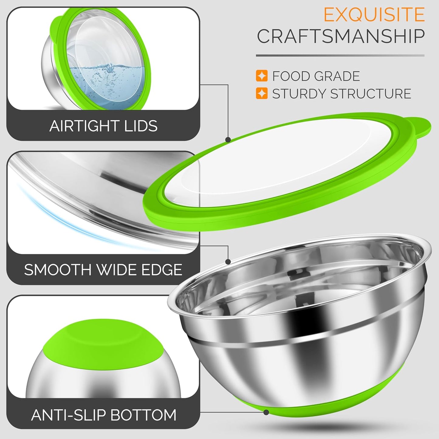 HaWare Mixing Bowls, 24-Piece Stainless Steel Salad Serving Bowl with Airtight Clear Lids, Metal Nesting Bowl For Kitchen Cooking Prepping Storing with 3 Graters, 4.6/2.6/1.5/1/0.7 QT, Khaki