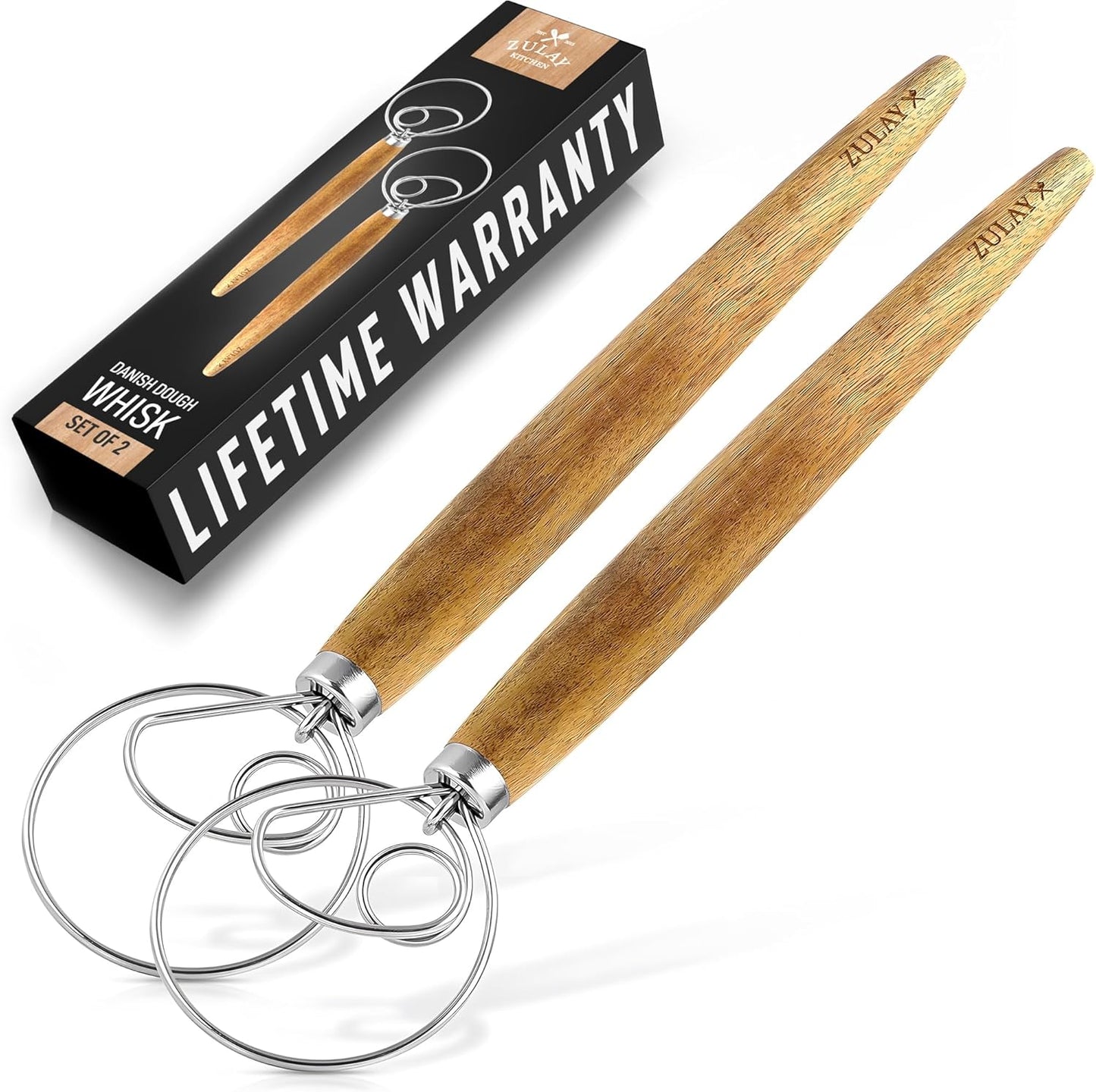 Zulay Kitchen 13-Inch Danish Dough Whisk - Stainless Steel Wooden Whisk with Dough Hook - Sourdough Whisk for Bread, Pizza, Pastry, Cake Batter & More - Wood