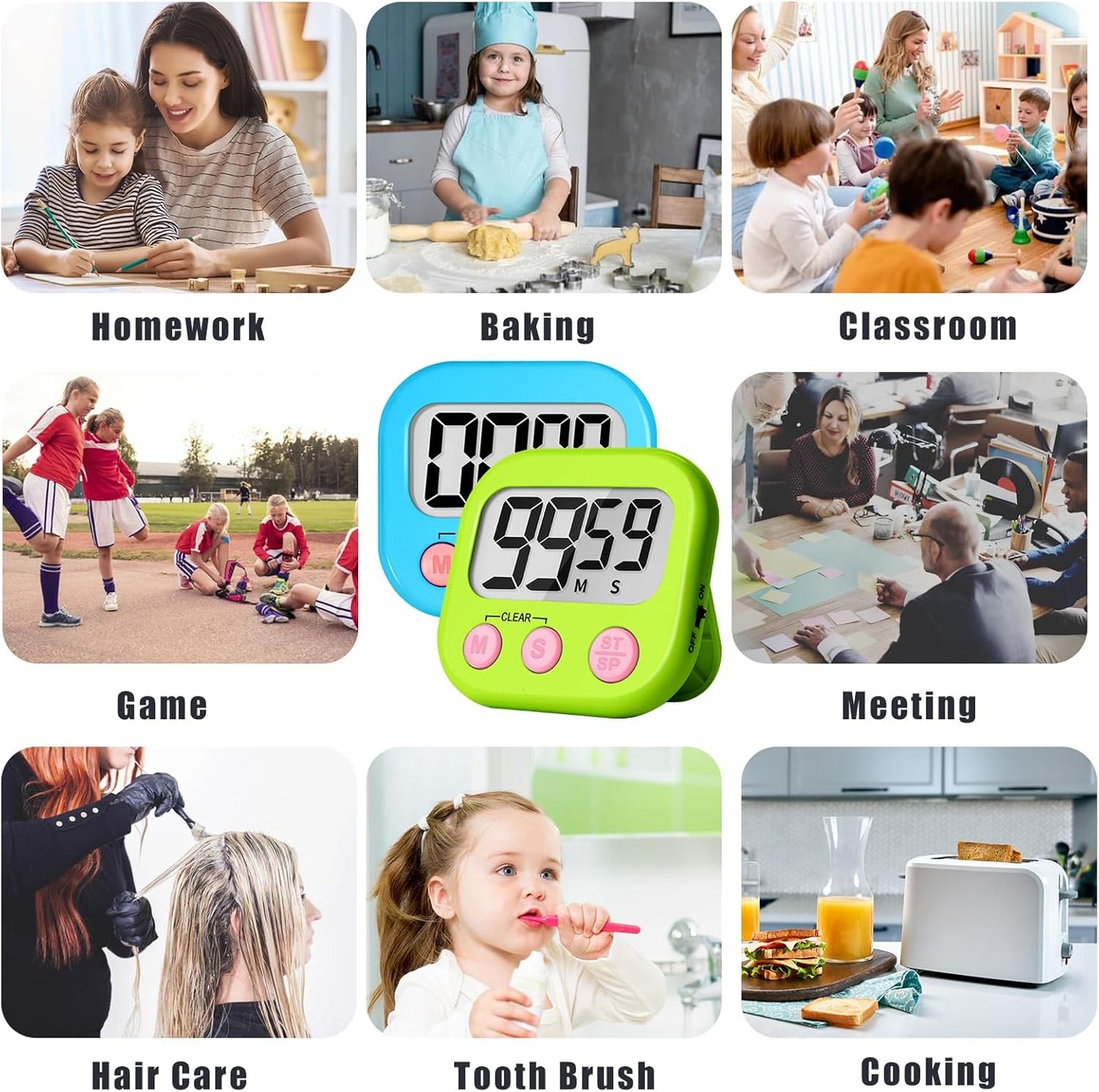ZILLEEN Kitchen Timer Digital with Magnetic Back for Kids Classroom, White 6 Pack