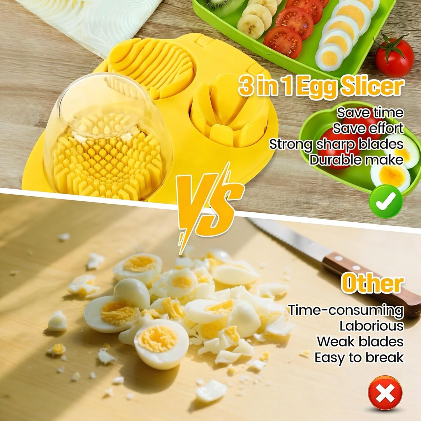 3-In-1egg Slicer For Hard Boiled Eggs,Stainless Heavy Duty Steel Egg Slicer Kitchen Gadget, Fit Strawberry,Apple,Banana,Cherry,Tomato,White