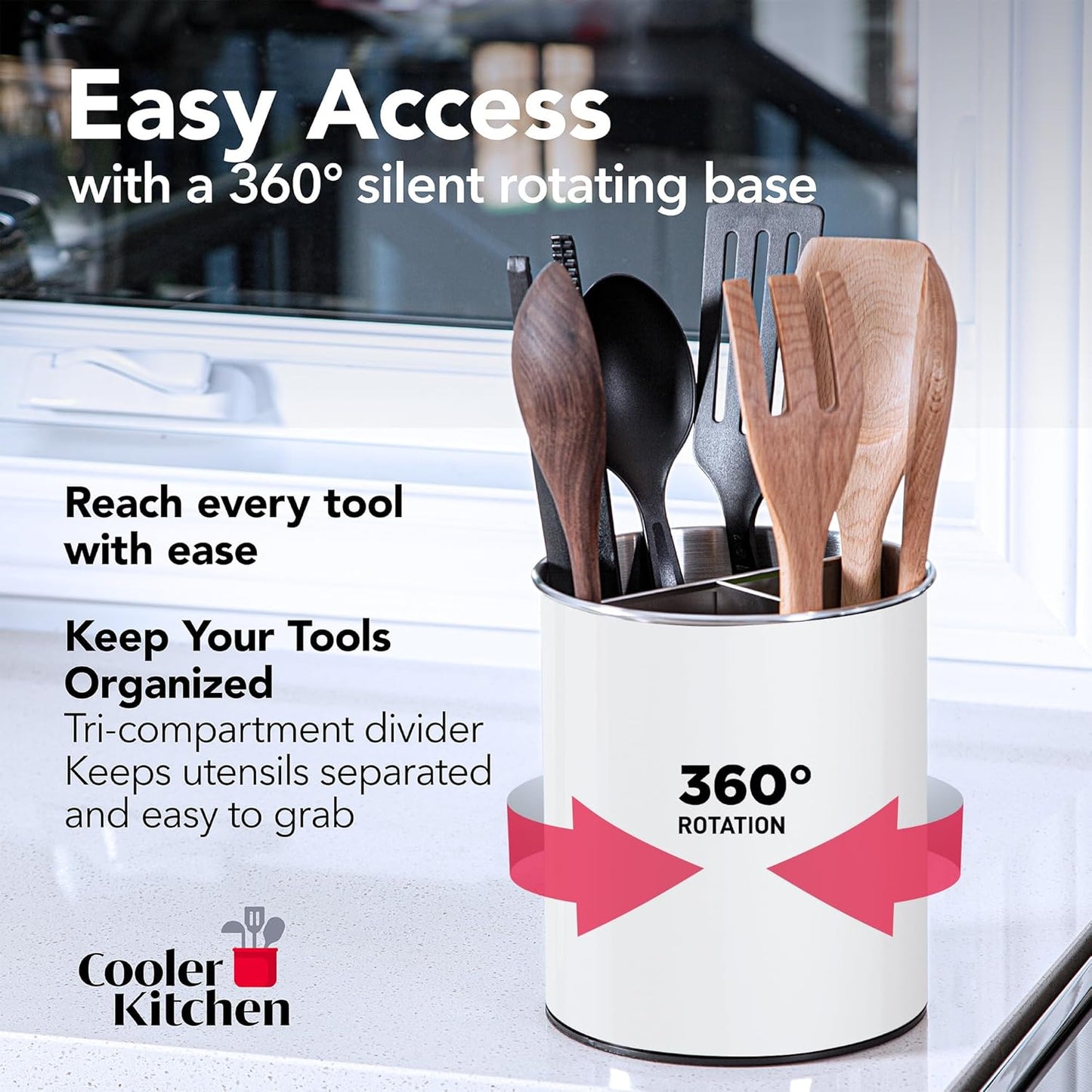 Cooler Kitchen Jumbo Extra Large Sturdy Rotating Black Utensil Holder Caddy with No-Tip Weighted Base, and Gripped Insert - Rust Proof and Dishwasher Safe Kitchen Utensils Holder