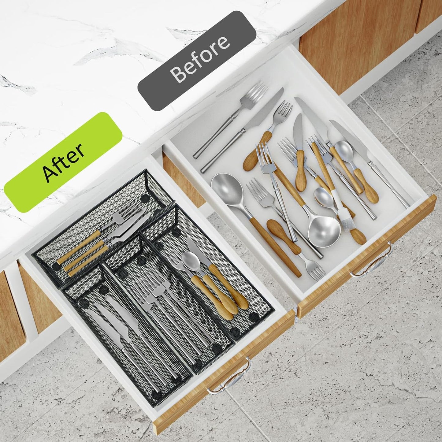 Neudeco Silverware Drawer Organizer - 5 Compartment Cutlery Tray with Non-Slip Feet, Mesh Wire Flatware Storage Divider for Kitchen, Bedroom, Living Room (Silver)