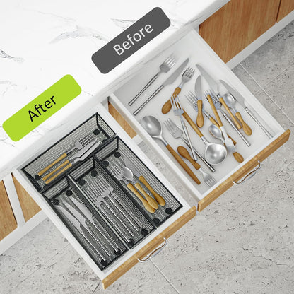 Neudeco Silverware Drawer Organizer - 5 Compartment Cutlery Tray with Non-Slip Feet, Mesh Wire Flatware Storage Divider for Kitchen, Bedroom, Living Room (Silver)