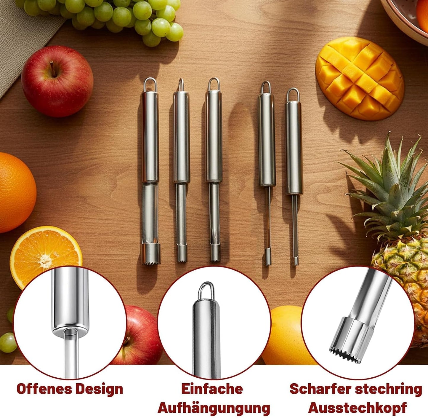 Apple Corer Remover Set, 5-Piece Stainless Steel Fruit Corer Tools with Ergonomic Handles, Pineapple Cutter Slicer and Corers for Kitchen, Baking, Healthy Meal Prep, 20 Cm Length