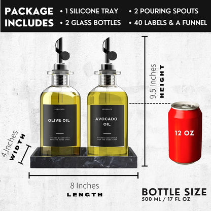 Verspace UV-Protected Green Glass Olive Oil Dispenser Bottles For Kitchen - 2 Pack - 12oz Includes 40 Kitchen Essential Labels, Avocado Oil Dispenser Set, Modern Decor for Home, Airbnb, Cafe