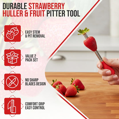 Iconikal 2-Pack Strawberry Huller and Pitter, Stainless Steel Core Remover, 5-inch, Red Handle