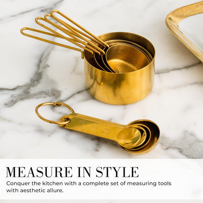 STYLED SETTINGS Gold Measuring Cups and Spoons Set – Stackable 8-Piece Brass Measuring Cups and Spoons – Stylish and Sturdy Gold Kitchen Accessories for Baking and Cooking