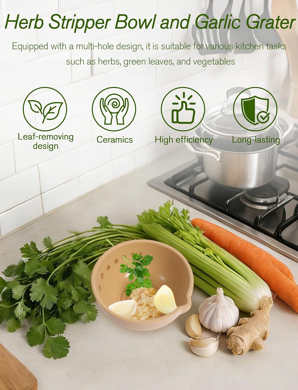 Herb Stripper & Garlic Grater, 2-In-1 7-Hole Design Herb Stripper Bowl, Built-in Garlic Grater Plate for Kale, Chard, Collard Greens, Thyme, Basil, Rosemary (Red)
