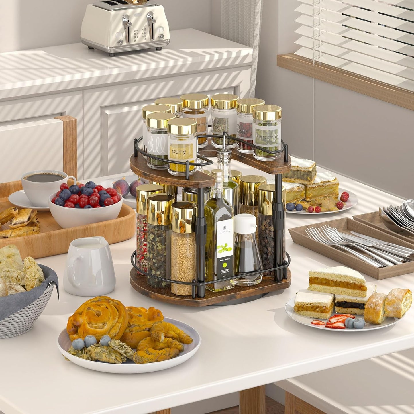 Across-Star Lazy-Susan-Organizer-Spice-Rack, Rotating Spice Organizer For Cabinet Pantry, Seasoning Holder Spice Shelf With Adjustable Height, Kitchen Counter Shelf Countertop Organizer