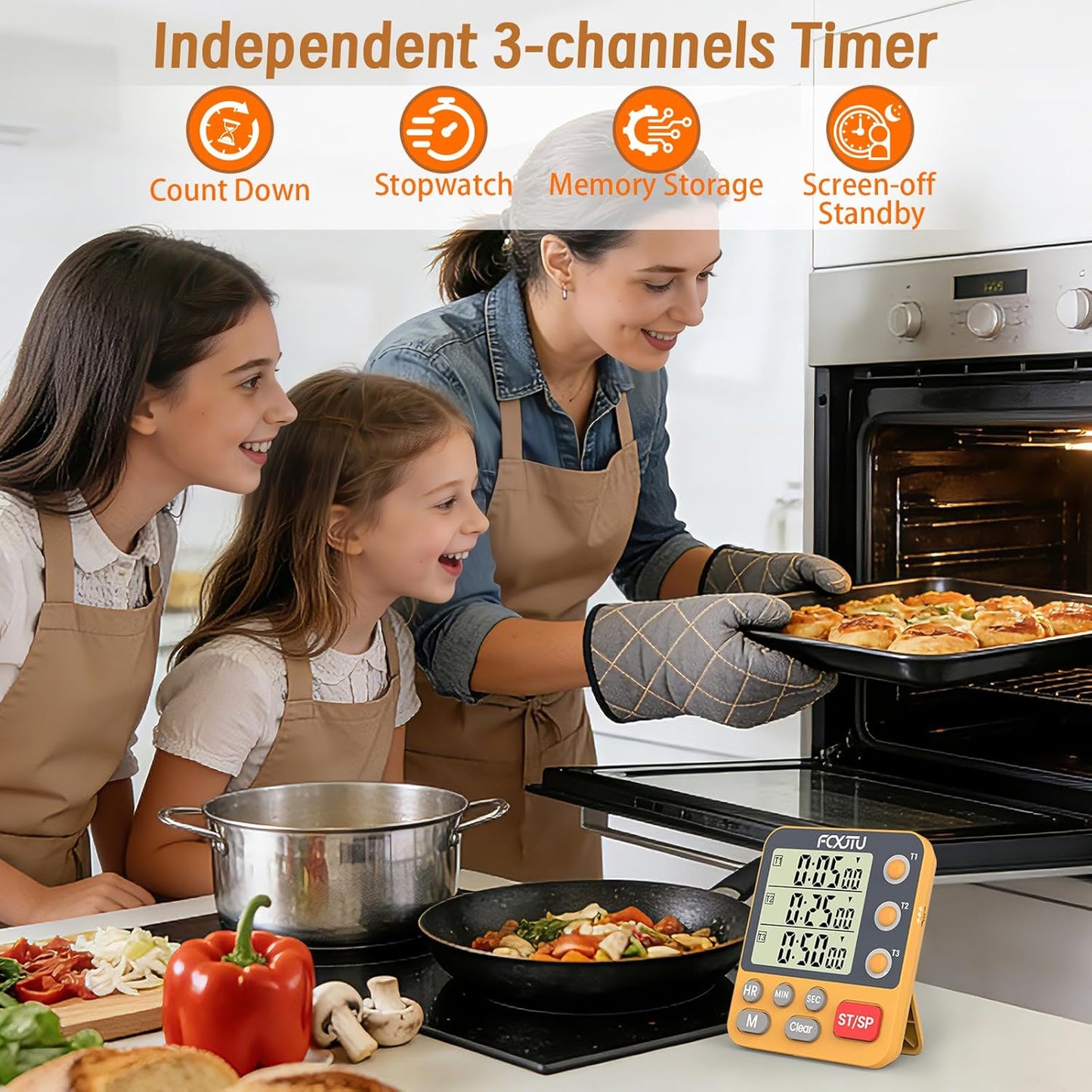 Digital Dual Triple Kitchen Timer, 3-Channel Magnetic Countdown Timer for Cooking, Large Display Stopwatch Multi Food Classroom Timer Loud Alarm for Seniors Teachers Battery Included (Orange)