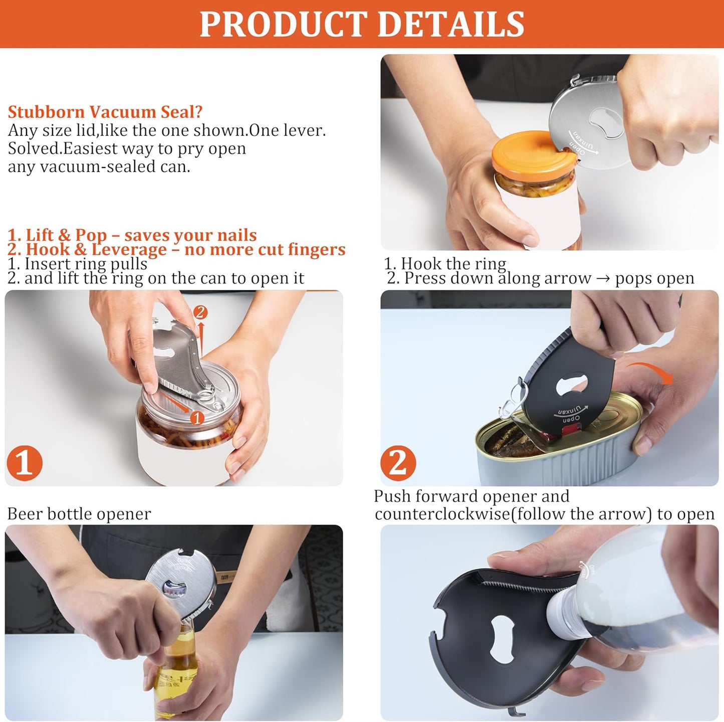 Uinxan Bottle & Jar Opener for Weak Hands & Seniors – 5 in 1 for Vacuum Seals, Soda, Small Jar Lids(0.6"-2.7"), Beer Caps, Pull Tabs – Multifunction Portable Tool for Elderly/Women/Men (Silver)
