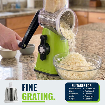 ICO Rotary Cheese Grater with Handle – Manual Vegetable Slicer & Round Shredder – 3 Interchangeable Stainless Steel Blades for Cheese, Nuts, Chocolate – Strong Suction Base Kitchen Mandoline
